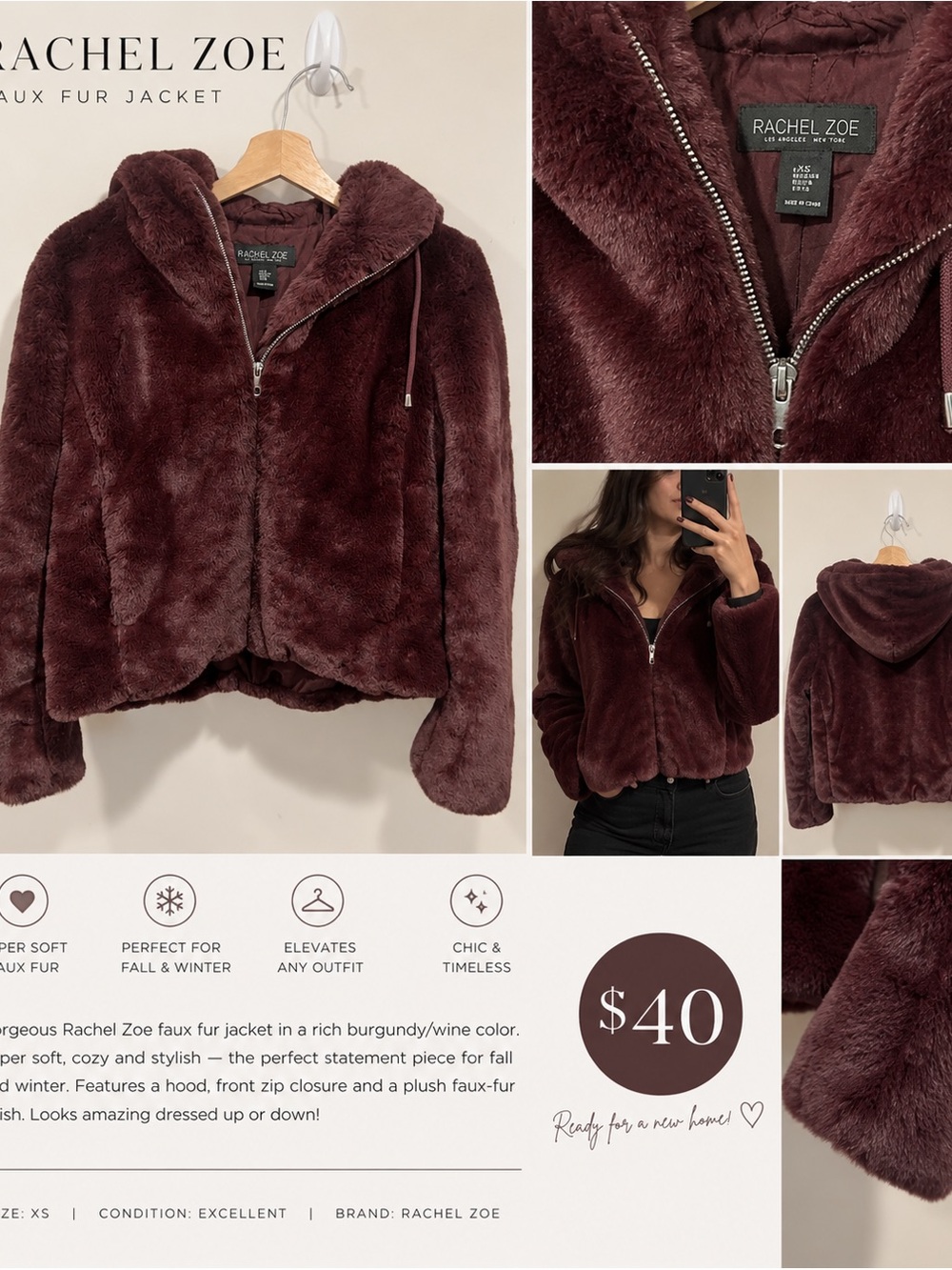 Rachel Zoe Wine Burgundy Faux Fur Hooded Jacket
